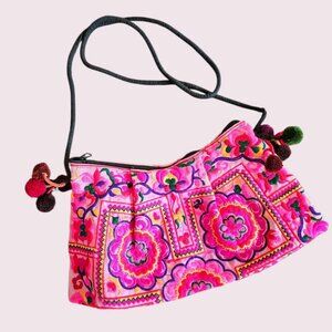 New Embroidery Floral Pom Pom Accent Crossbody Bag